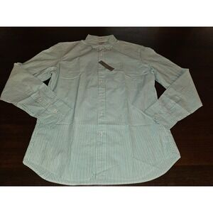 J.Crew Secret Wash‎ Cotton Poplin Shirt Mens M Green White Striped Long Sleeve